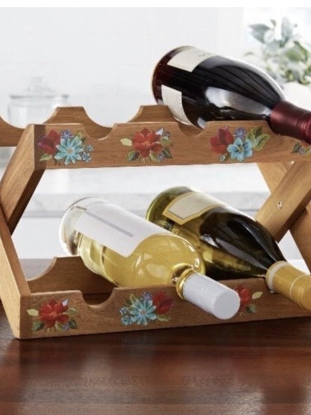 Decorative Wooden Wine Rack with Floral Accents - Natural